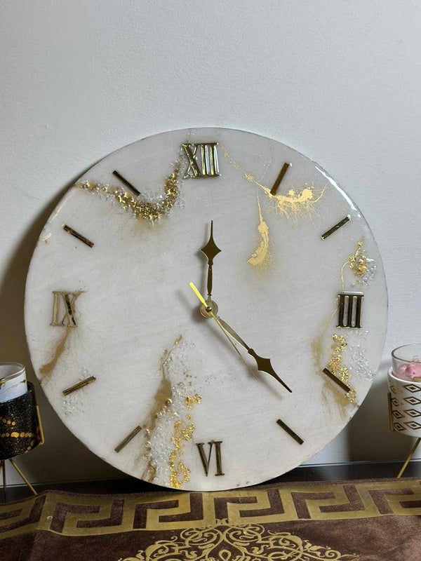 Luxury White Marble Resin Wall Clock, Gold Roman Numeral Epoxy Clock, Handmade Modern Wall Decor, Minimalist Home Decor, Housewarming Gift