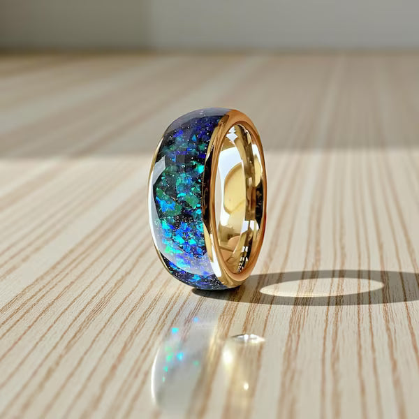 Blue Green Galaxy Opal Crushed Fragment Tungsten Ring