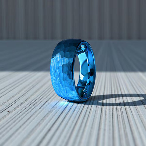 Blue Hammered Tungsten Ring