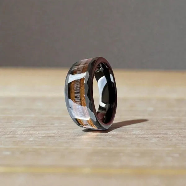 Deer Antler Koa Wood Tungsten Ring, 8MM band, Hammered Wedding Band, Anniversary Gift, Birthday Gift, Wedding Band with Box
