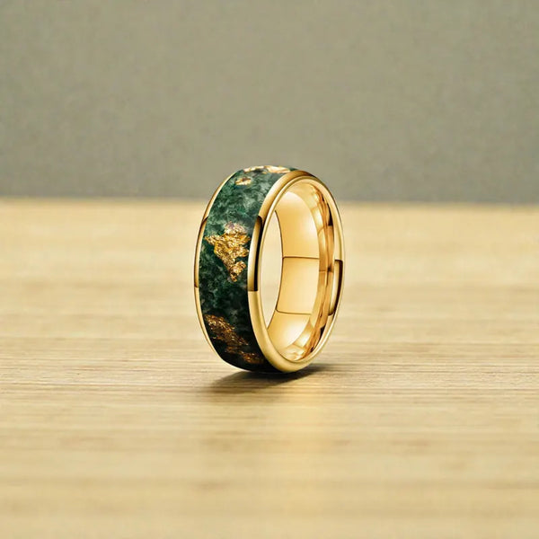 Moss Agate Gold Leaf Tungsten Wedding Band, Nature Ring