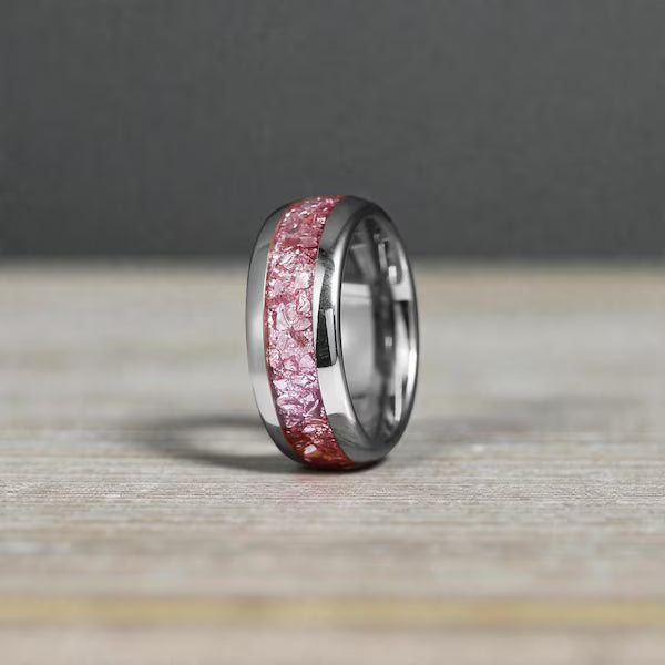 Pink Morganite Inlay Tungsten Ring, 8MM band, Anniversary Gift, Birthday Gift, Wedding Band, engagement band, Comfort Fit with Box