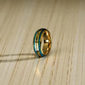 Rose Gold Tungsten Ring, Meteorite Crushed Gold Leaf, Blue Sandstone Inlays