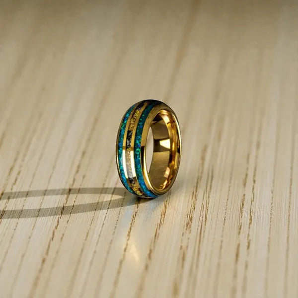 Rose Gold Tungsten Ring, Meteorite Crushed Gold Leaf, Blue Sandstone Inlays