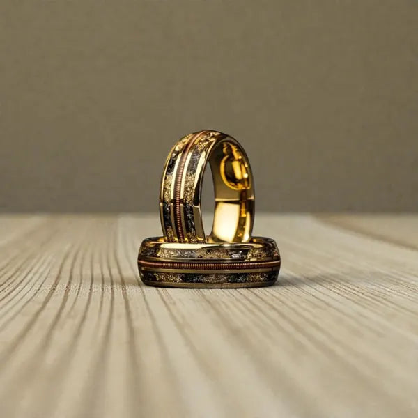 Meteorite Guitar String Tungsten Carbide Ring, 8MM band, Gold Leaf Flakes, Wedding Band with Box