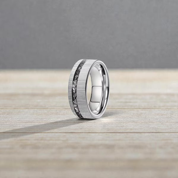 Meteorite Tungsten Ring, Offset Groove Wedding Band