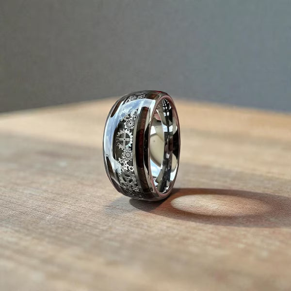 Wood Inlay Steampunk Gear Tungsten Ring